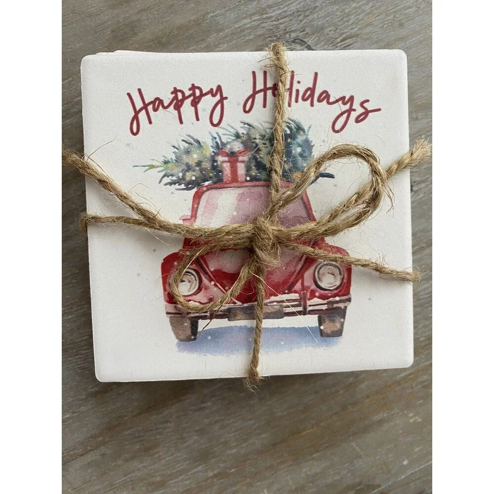 Volkswagen VW Bug Happy Holidays stone marble coaster set 4 cork bottom